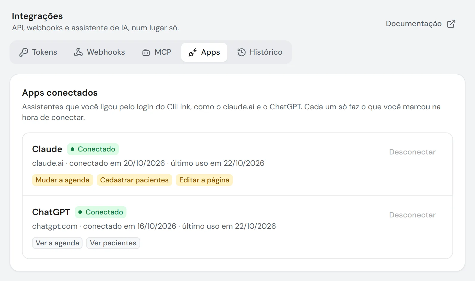 Aba Apps conectados nas Integrações, dados fictícios