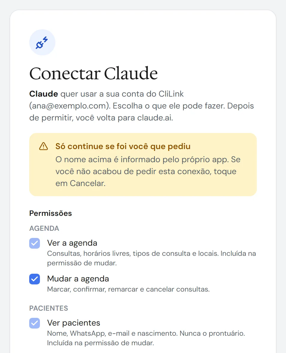 Tela de permissão ao conectar um assistente de IA ao CliLink