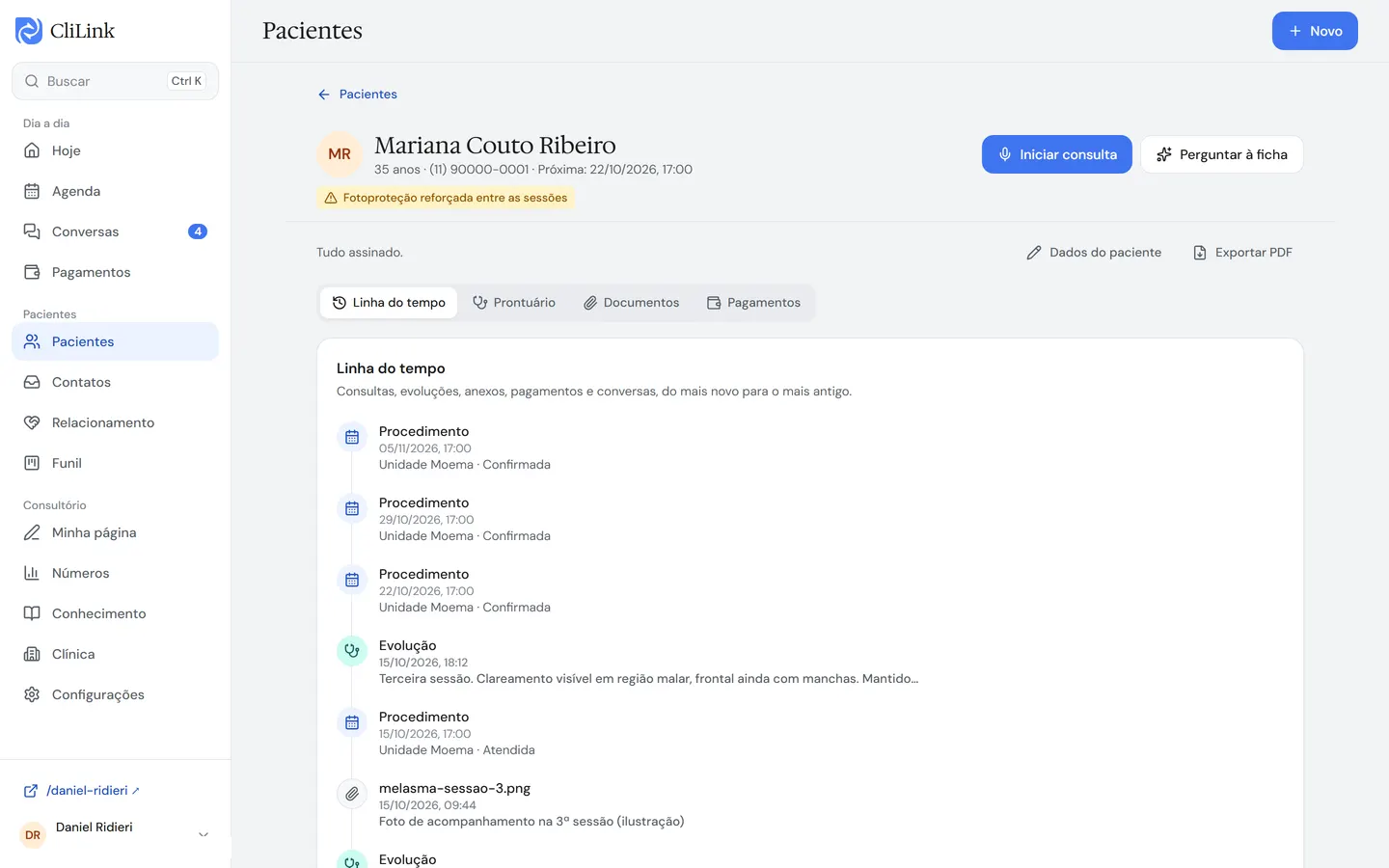 Ficha do paciente com a linha do tempo, dados fictícios