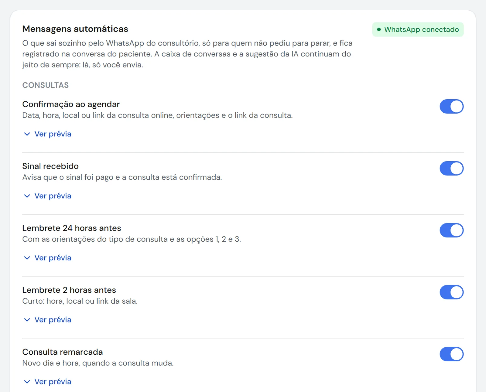 Configurações das mensagens automáticas, com uma chave por tipo de mensagem