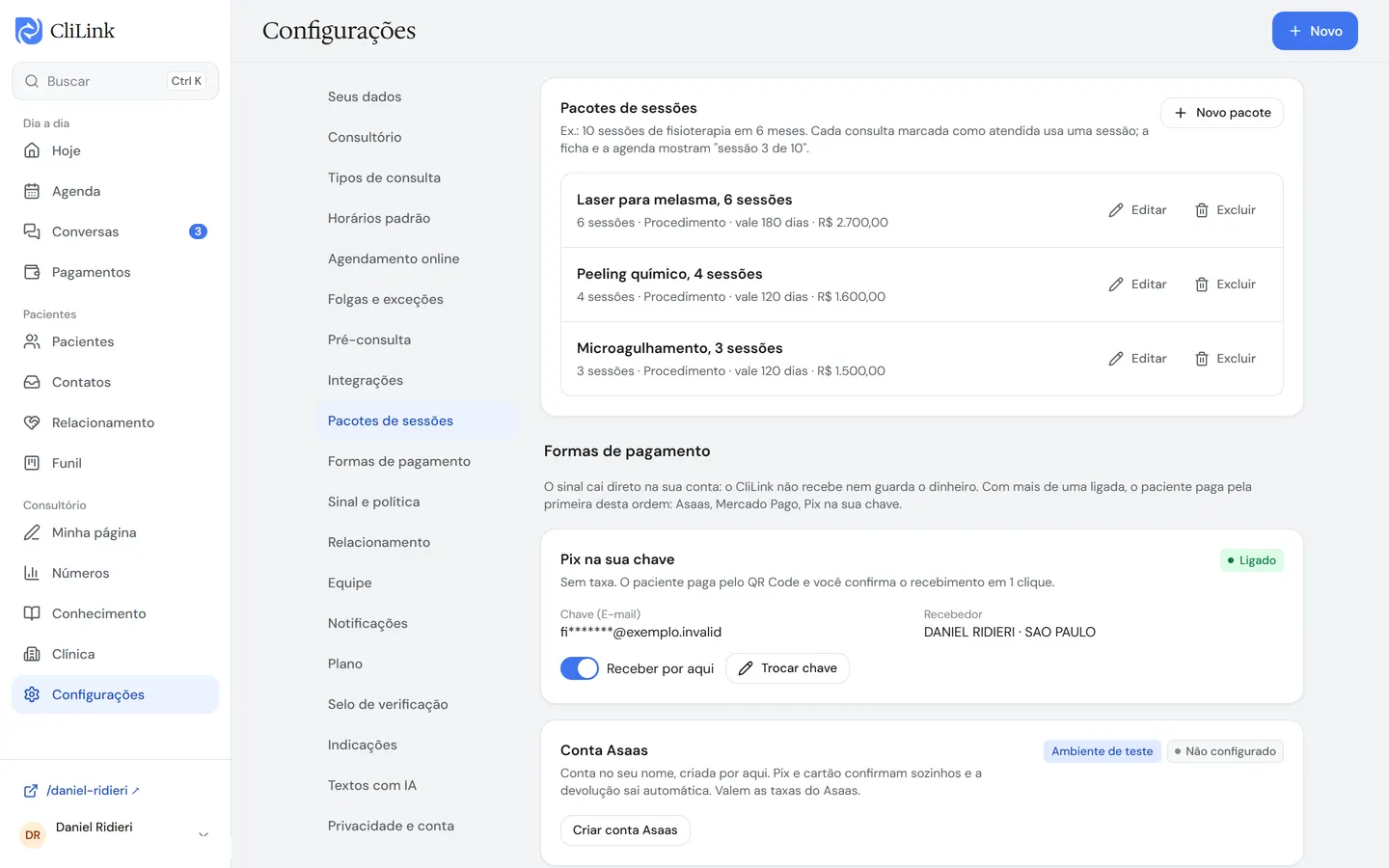 Pacotes de sessões nas Configurações