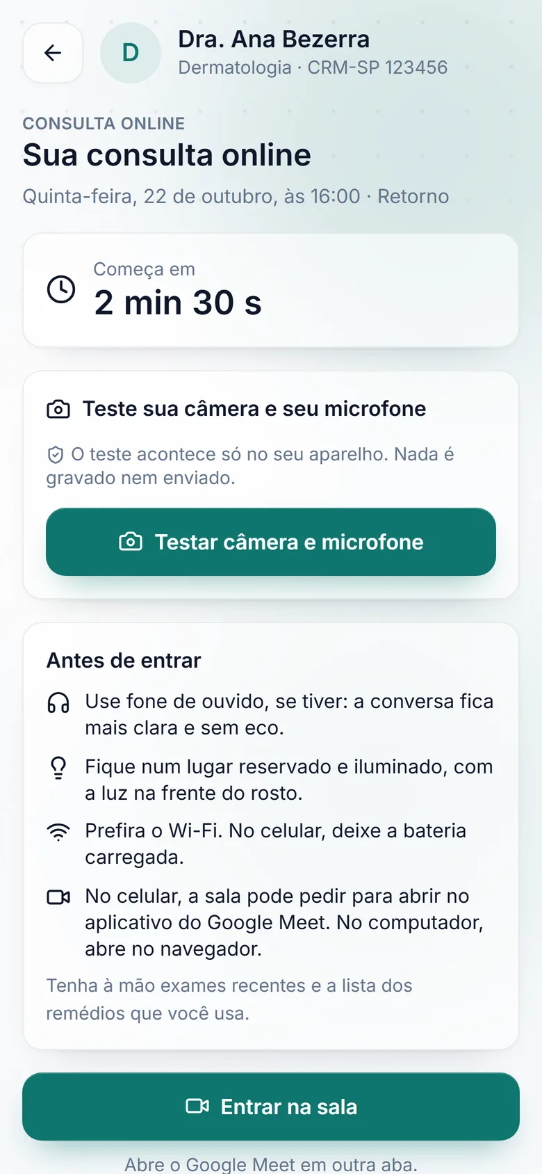 Sala de espera do paciente no celular com teste de câmera e microfone