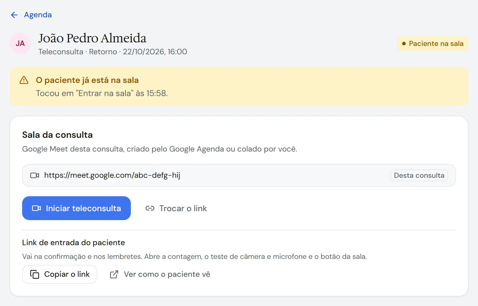 Tela da teleconsulta no painel com Iniciar teleconsulta e o link do paciente, dados fictícios