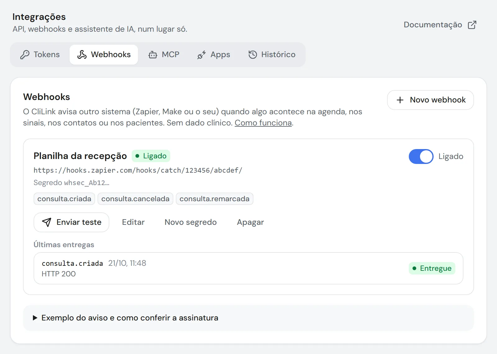 Webhooks configurados nas Integrações, dados fictícios